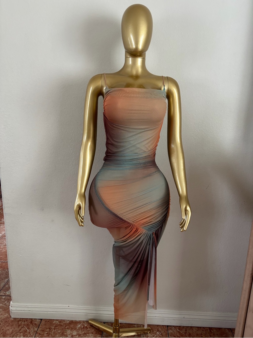 Strappy Ruched Ombre Bodycon Dress in Orange and Gray